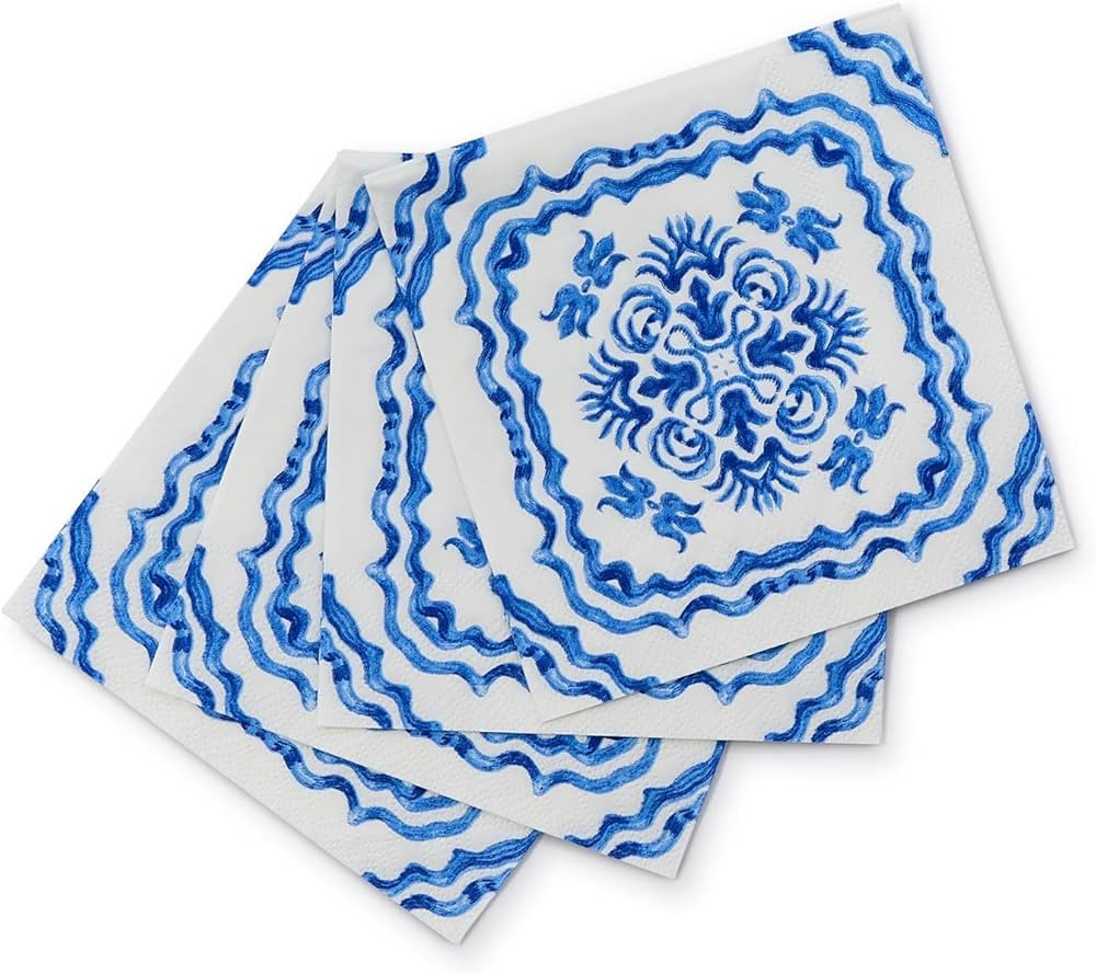 Blue Tile Block Print Cocktail Napkin | Amazon (US)