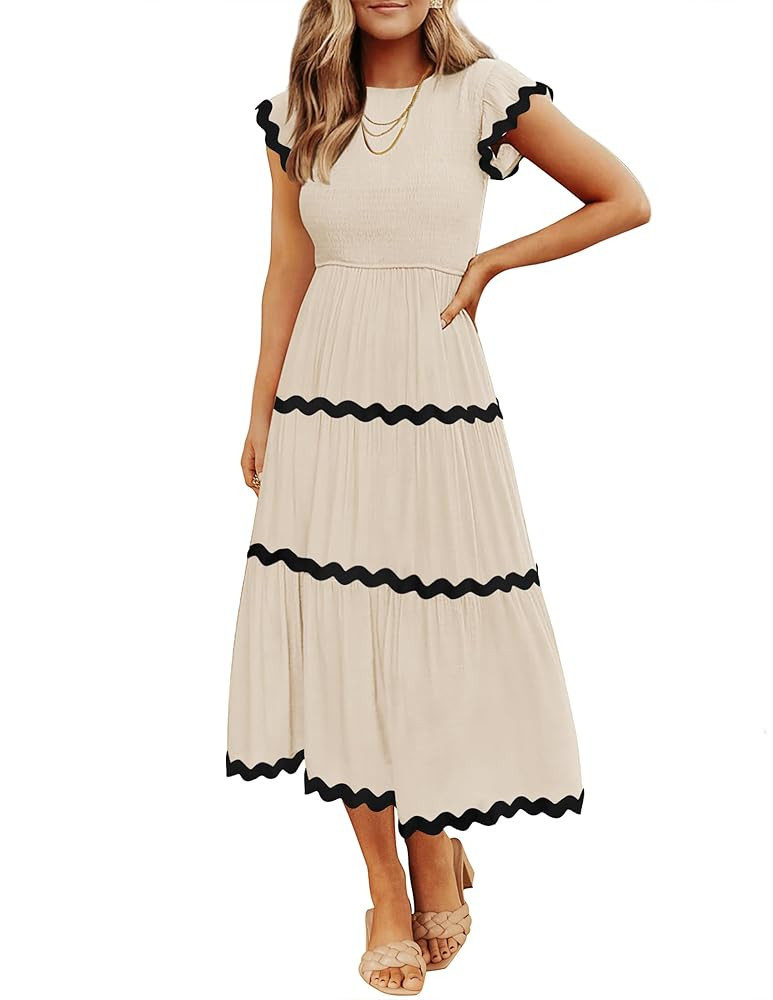 ZESICA Women's Summer Flutter Short Sleeve Smocked Midi Dress Casual High Waist Rickrack Tiered F... | Amazon (US)