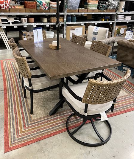 Obsessed with this dining table and these patio chairs! // outdoor patio set, patio dining set, patio furniture, patio chairs, outdoor dining set, outdoor rug, patio dining table, patio 

#LTKsalealert #LTKSeasonal #LTKhome