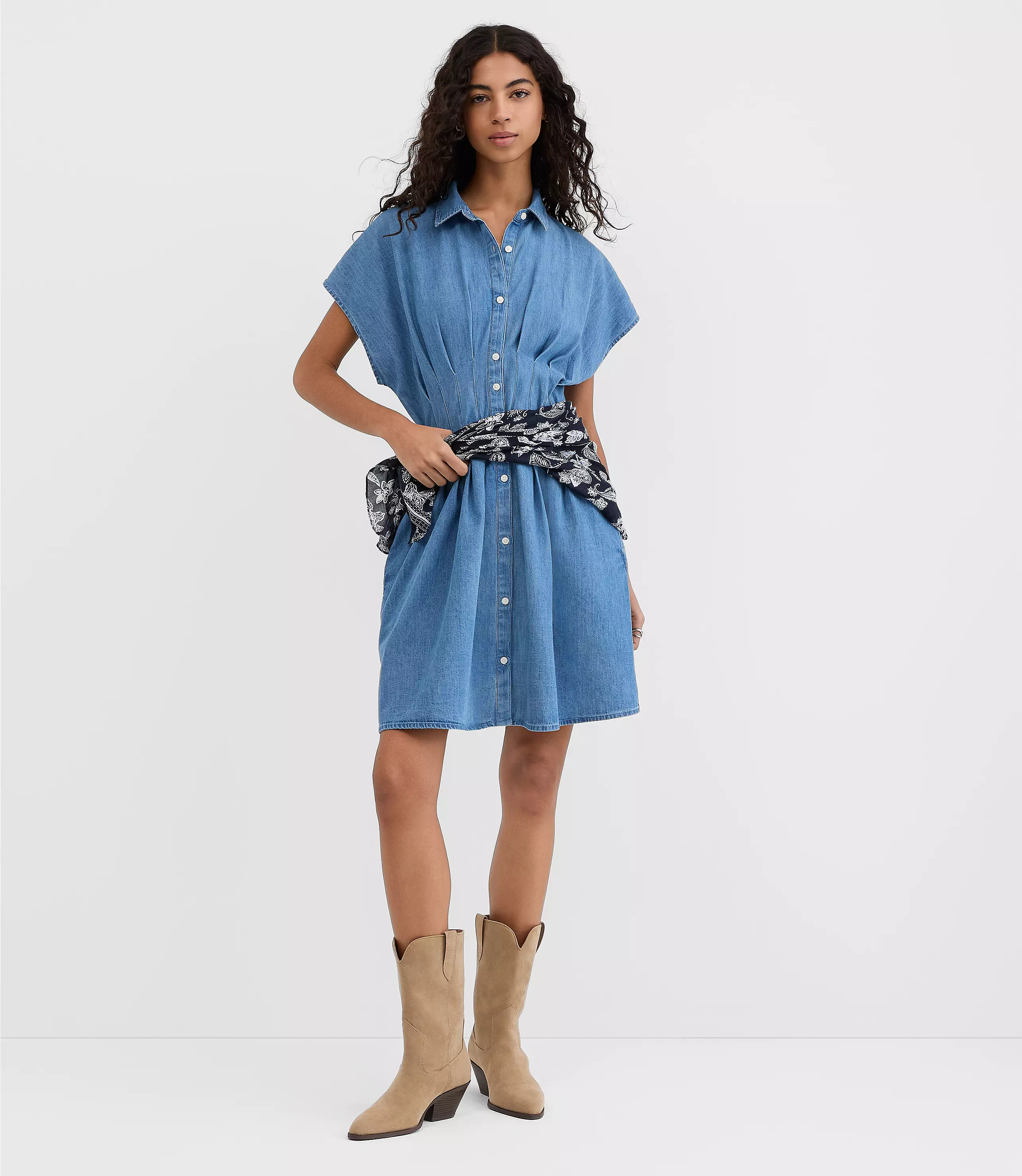 Tall Chambray Pleated Mini Pocket Shirtdress | LOFT