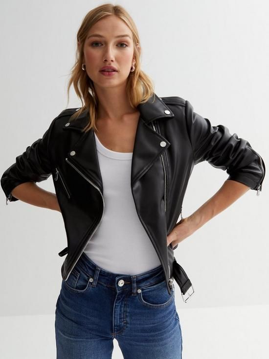 New Look Leather-Look Belted Biker Jacket - Black | Very (UK)