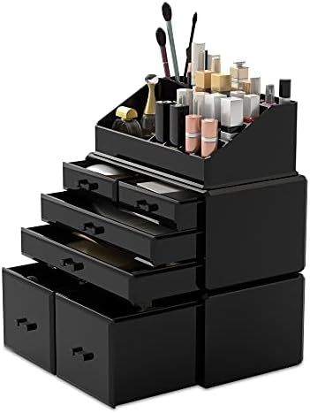 Readaeer Makeup Organizer 3 Pieces Cosmetic Storage Case with 6 Drawers (Black) | Amazon (US)