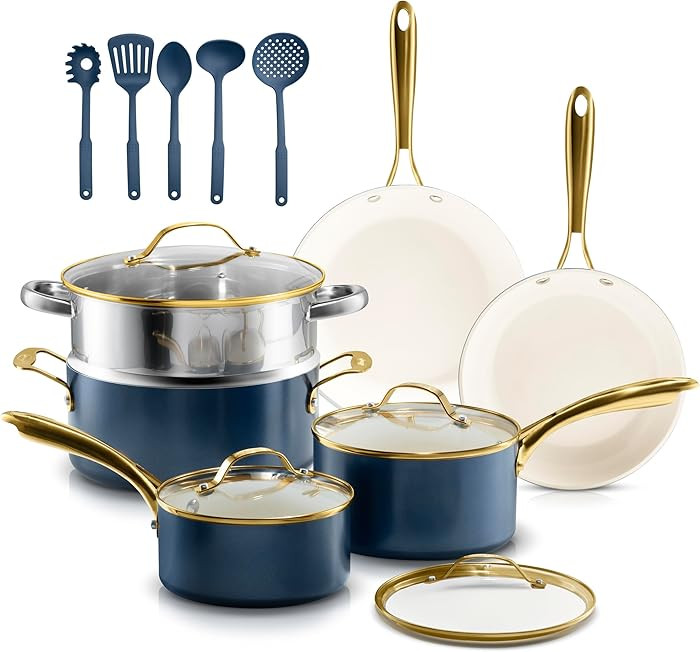 Gotham Steel 15 Pc Ceramic Pots and Pan Set, Non Stick Cookware Set with Steamer and Cooking Uten... | Amazon (CA)