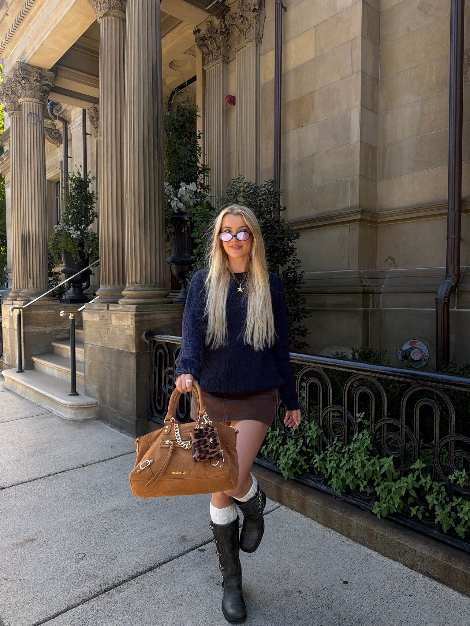Brown skirt and navy cable knit sweater outfit combo 🧸perfect for early fall weather

#LTKootd