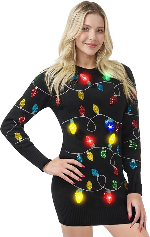 Giggling Getup Womens Light Up Ugly Christmas Sweater Dress with Colorful Light Up Bulb, Sweater ... | Amazon (US)