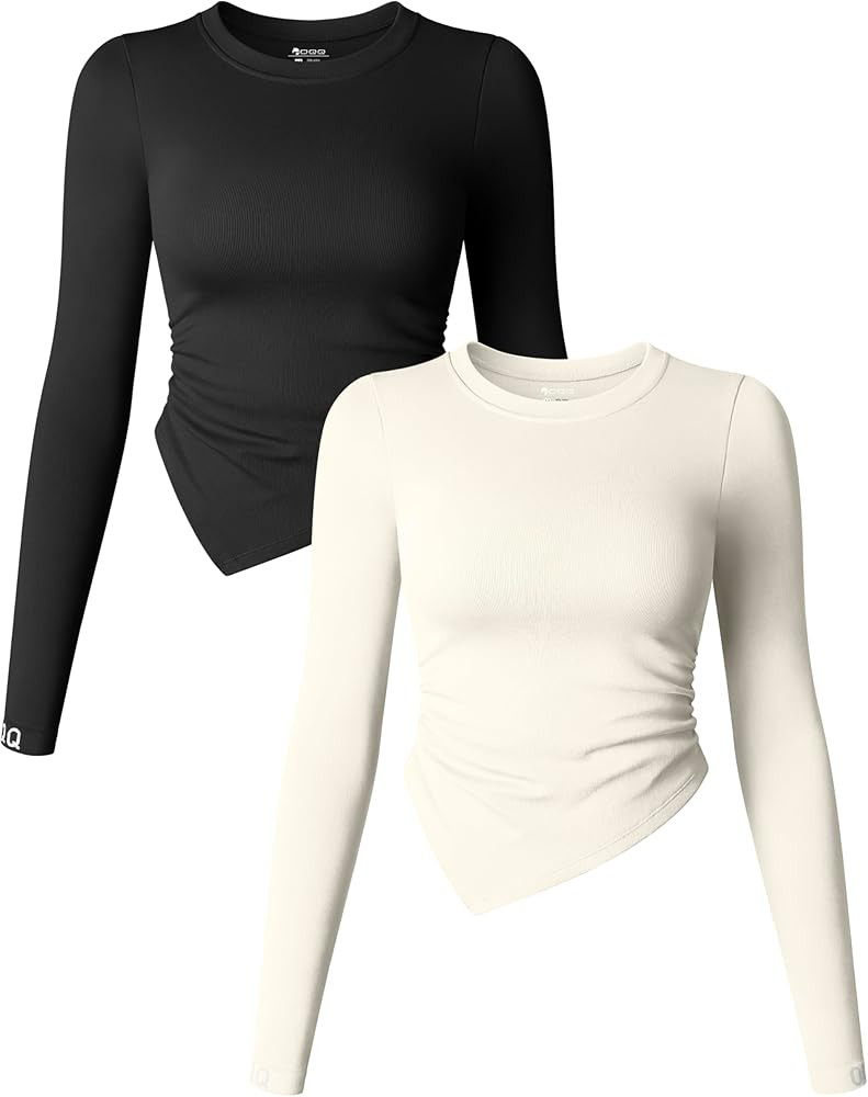 OQQ Women's 2 Piece Long Sleeve Crew Neck Ruched Stretch Fitted Underscrubs Layer Tee Shirts Tops | Amazon (US)