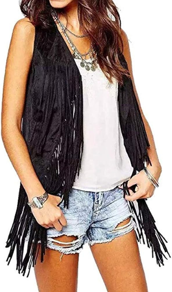 New Tassels Fringe Sleeveless Vest Cardigan Waistcoat Jacket Outwear Tops | Amazon (US)