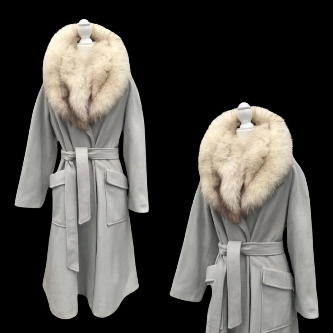 Vintage Blue Gray Wrap Coat With Fox Fur Collar Career Basic Everyday Casual - Etsy | Etsy (US)