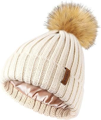 FURTALK Womens Winter Beanie Hat Satin Lined Faux Fur Pom Pom Beanies Hat for Women Winter Warm K... | Amazon (US)