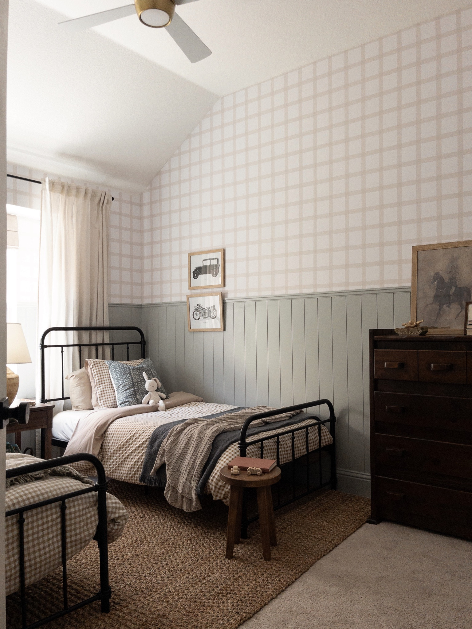 BOYS BEDROOM REVEAL 

Shared bedroom for my boys! 
Dresser: vintage 
Curtains: IKEA 
Wallpaper: Artza & Co (tartan wallpaper in the color Ecru)

Boys bedroom | big boy room | shaded bedroom 

#LTKkids #LTKFind #LTKhome