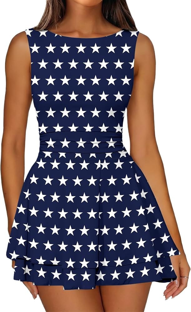 IWD Women's Boat Neck Sleeveless Mini Dress Ruched Waist Flowy Tiered Ruffle Hem A Line Party Sho... | Amazon (US)