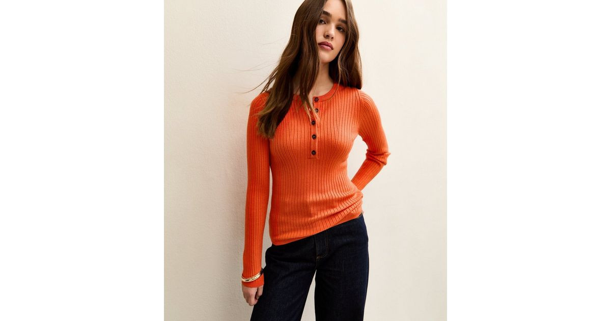 Bright Orange Lightweight Ribbed Knit Button Placket Jumper | New Look | New Look (UK)