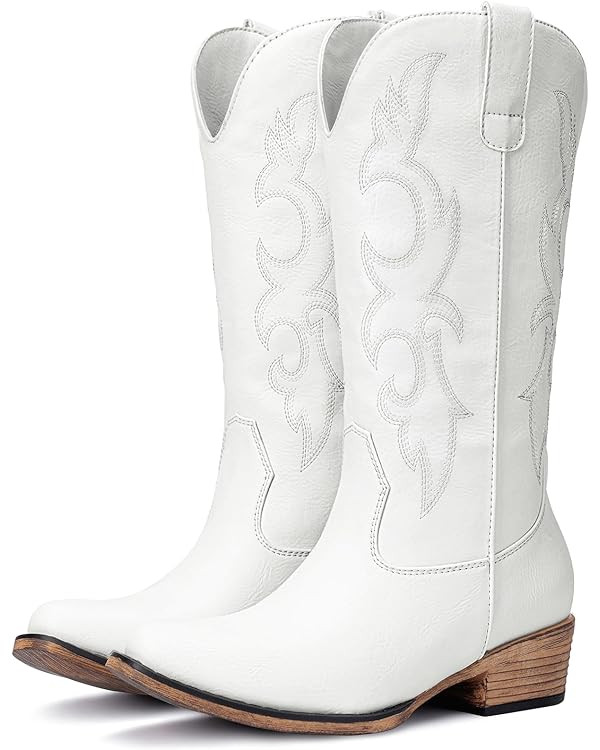 Cowboy Boots for Women - Embroidered Cowgirl Boots Western Mid Calf Fashion Chunky Heel Pointed T... | Amazon (US)