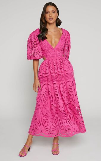 Anieshaya Midi Dress - V Neck Cut Out Lace Dress in Pink | Showpo (US, UK & Europe)