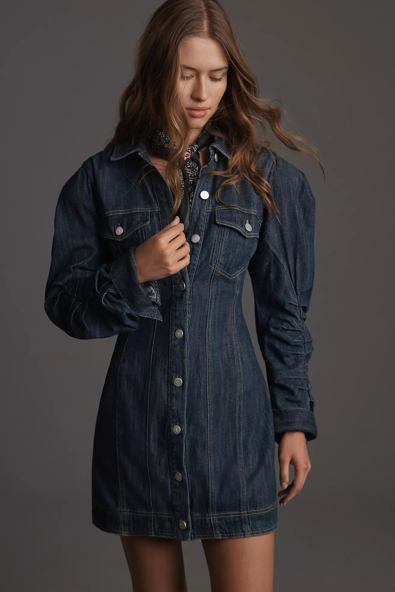 Pilcro Long-Sleeve Button-Front Seamed Denim Mini Dress | Anthropologie (US)