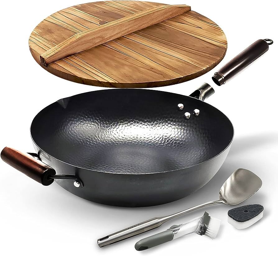 HOME EC Carbon Steel Wok Pan With Lid, Stir Fry Wok Set, Steel Spatula, and Cleaning Brush - Non-... | Amazon (US)