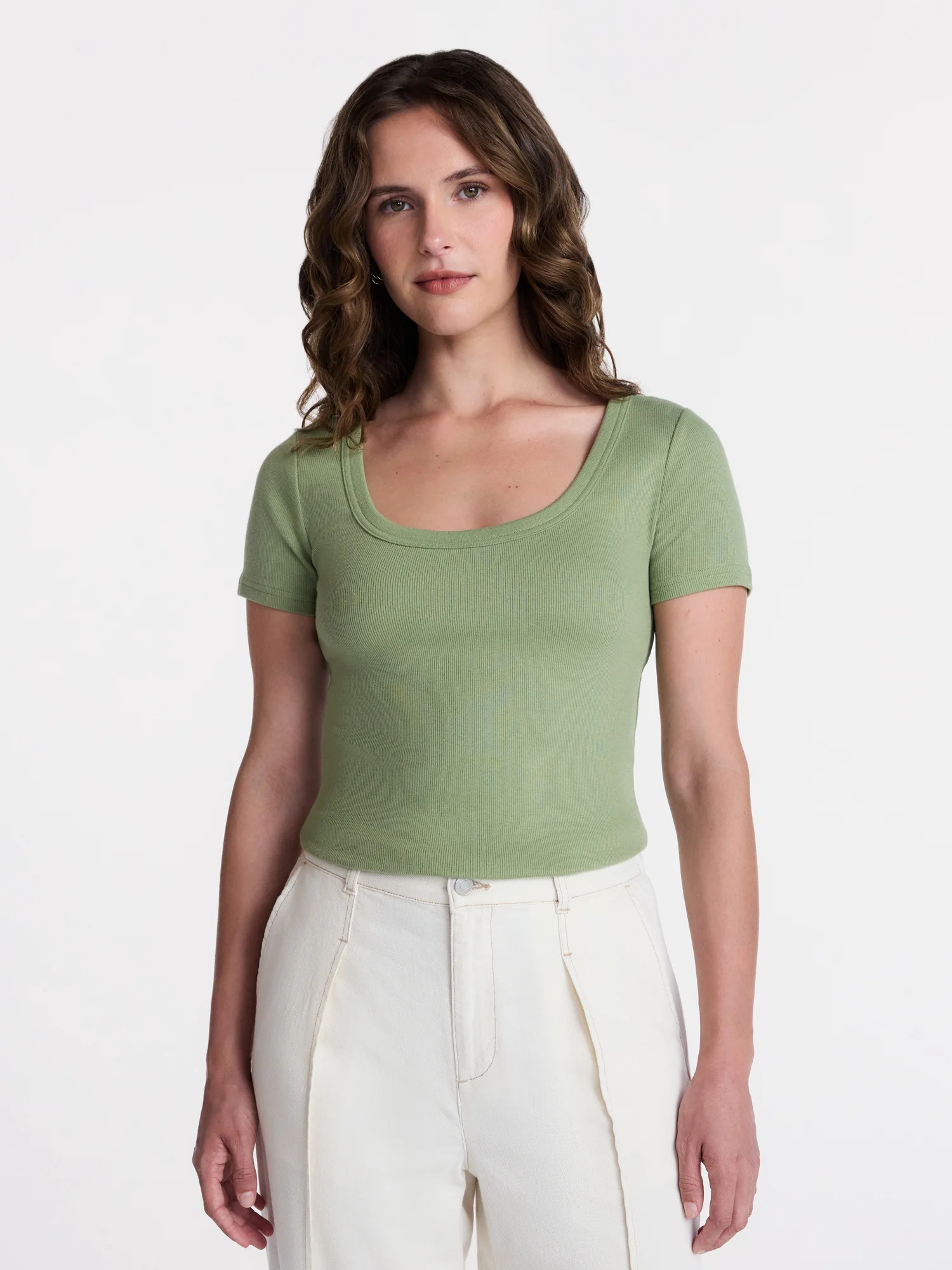 Time and Tru Women's Ribbed Scoop Neck Tee with Short Sleeves, Sizes XS-XXXL | Walmart (US)