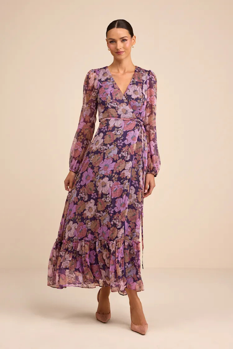 Feeling Sweet Purple Floral Print Long Sleeve Wrap Maxi Dress | Lulus