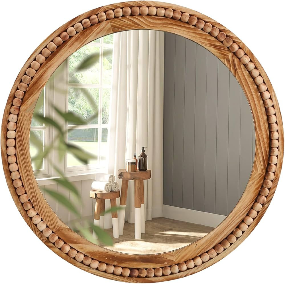 ULIKE Round Wood Mirror with Natural Wooden Bead Frame, 30 Inch Rustic Farmhouse Wall Mirror for ... | Amazon (US)