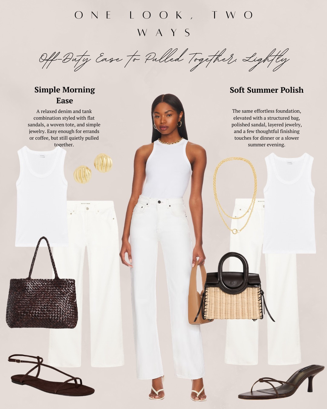 One look, two ways! This week it’s all about dressing for warm days in a way that feels light, wearable, and effortless. Relaxed tailoring, breathable fabrics, and easy outfit formulas make getting dressed feel intuitive. I styled a simple tank with white jeans with some flat sandals and a woven tote for a more casual look. Then I styled it with a top handle bag, kitten heels, and a layered necklace for a more dressy look! I also found some amazing finds from Zara that are perfect for spring! I have a linen shirt, white jeans, kitten heels and a raffia bag. All items linked ⬆️

#ltkcreator #ltkfinds #ltkwatchnow #aritzia #summer #summerfinds #summeroutfits #linen #zara

#LTKgrwm #LTKootd #LTKSeasonal