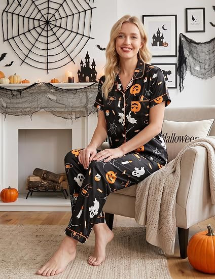 This black long pajama set is perfect for cooler October nights. 👻🎃 I love all the little pumpkins, ghosts, stars, and Halloween details throughout the print. The button-down top and matching pants make it feel extra cozy for scary movie marathons, chilly fall mornings, Halloween decorating, or a relaxed night at home.
#HalloweenPajamas #HalloweenPJsWomen #AmazonHalloween #LongPajamas #SpookyPajamas #GhostPajamas #PumpkinPajamas #FallLoungewear #OctoberOutfits #CozyHalloween #AmazonFinds #SpookySeason 

 #LTKSeasonal #LTKU #LTKSaleAlert