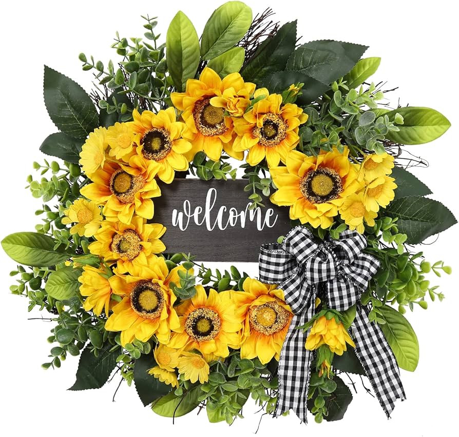 sunflower wreath with welcome,spring summer wreath for front door, unique housewarming gift,mothe... | Amazon (US)