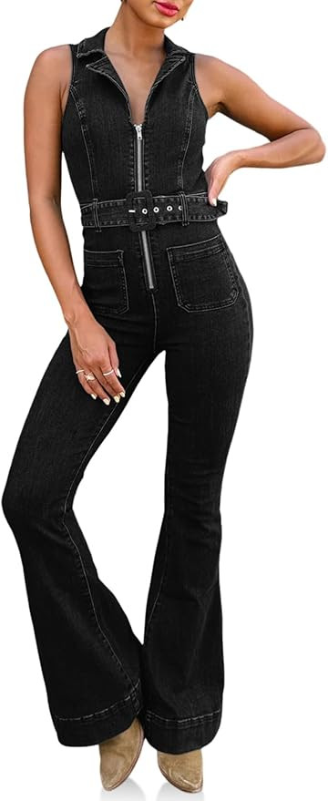 PLNOTME Womens Flare Denim Jumpsuits Cute Slim Fit Sleeveless V Neck Zip Up Jeans Long Pant Rompe... | Amazon (US)