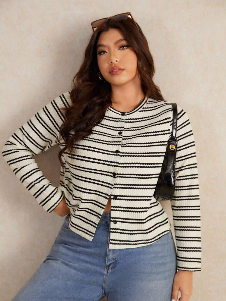 Elaquor Plus Size Women Striped Crew Neck Long Sleeve Single Breasted Casual T-Shirt Clothes For Women Spring | SHEIN