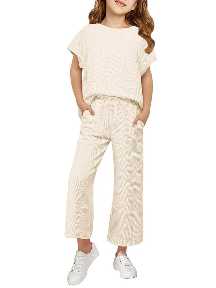 Haloumoning Girls' Clothing Sets Kids Fashion Short Sleeve Crew Neck Tops Wide Leg Pants Sweatsui... | Amazon (US)
