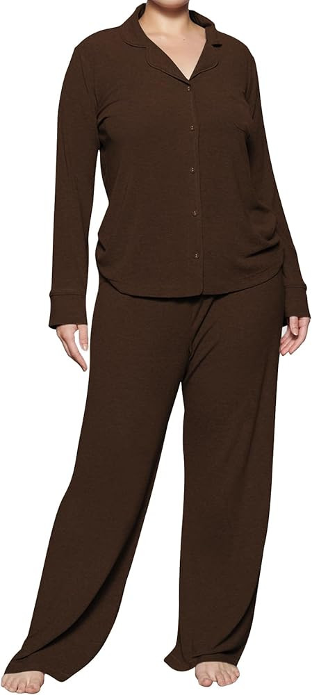 Womens Pajama Sets 2 Piece Button Down Long Sleeve Soft Knitted Sleepwear Pjs Lounge Sets Nightwe... | Amazon (US)