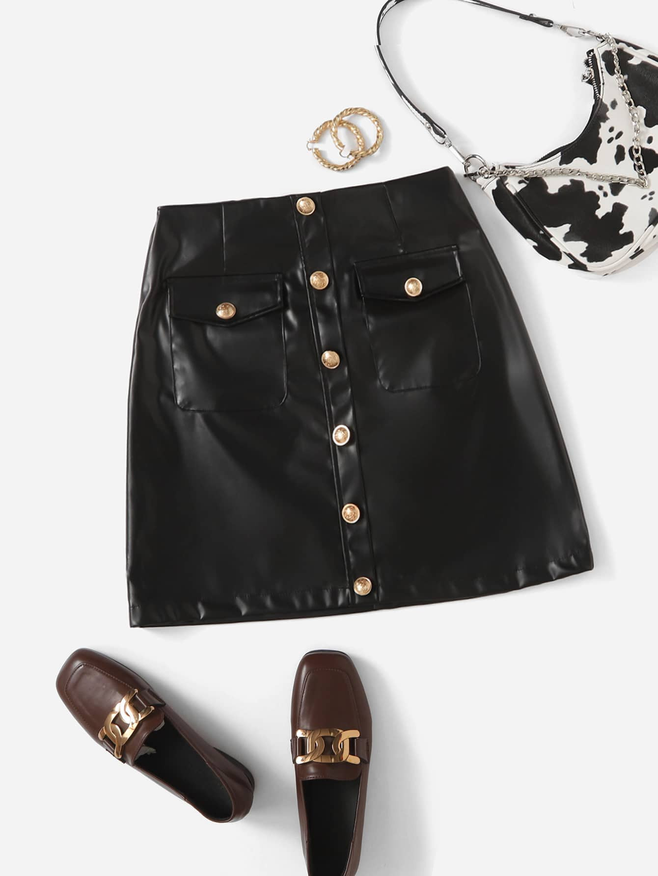 SHEIN Flap Pocket Button Placket PU Leather Skirt | SHEIN