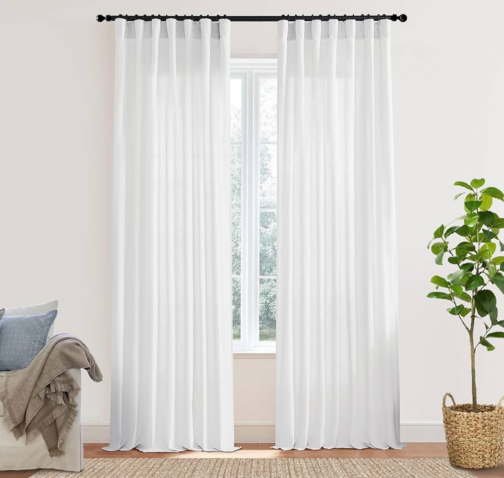 XTMYI White Curtains 96 Inches Long for Living Room Pleated with Heading Tape Hooks Solid Linen L... | Amazon (US)