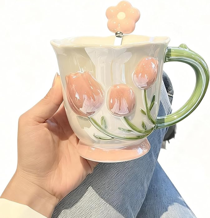 Adorable 3D Tulip Ceramic Mug ，with and Spoon,Flower Mugs with Handle,Floral Girly Mugs,Breakfa... | Amazon (US)