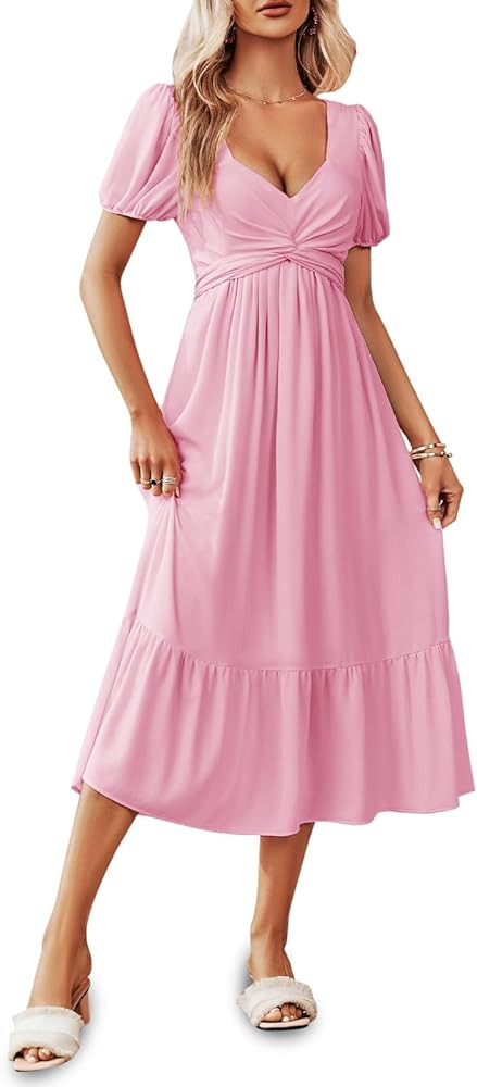 Ebifin Women's Summer Casual Dress Twist Front Sweetheart Neckline Puff Sleeve Ruffle Flowy Midi ... | Amazon (US)