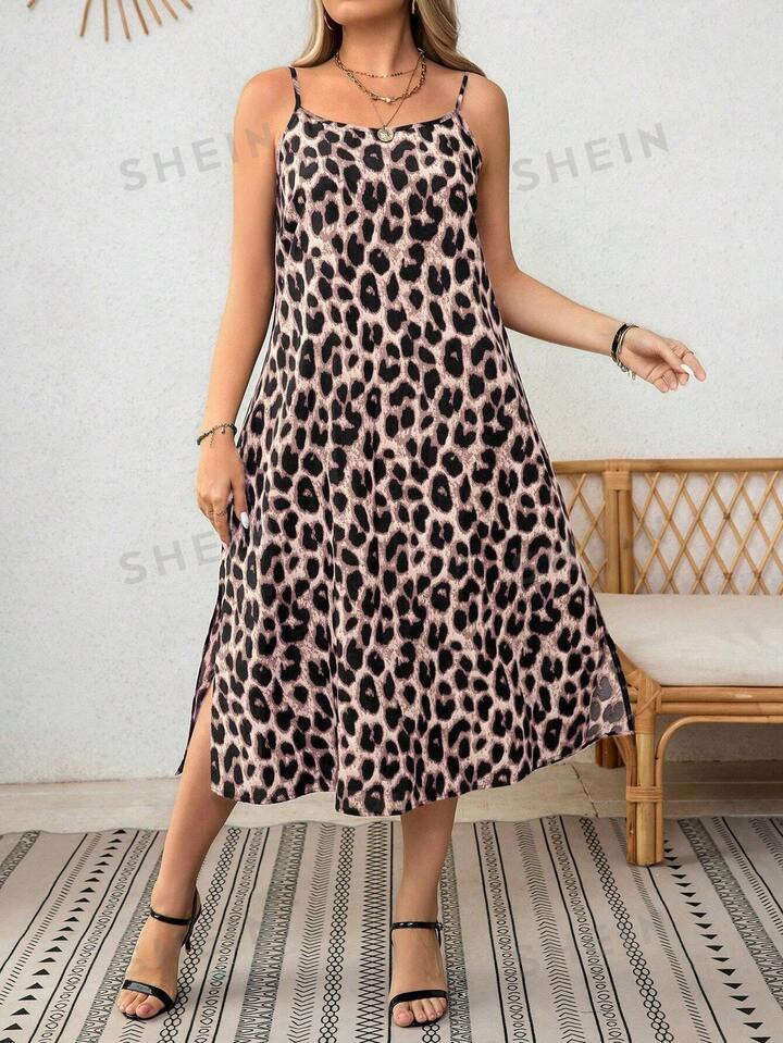 SHEIN LUNE Plus Size Women's Summer Leopard Print Side Slit Hem Casual Cami Dress | SHEIN