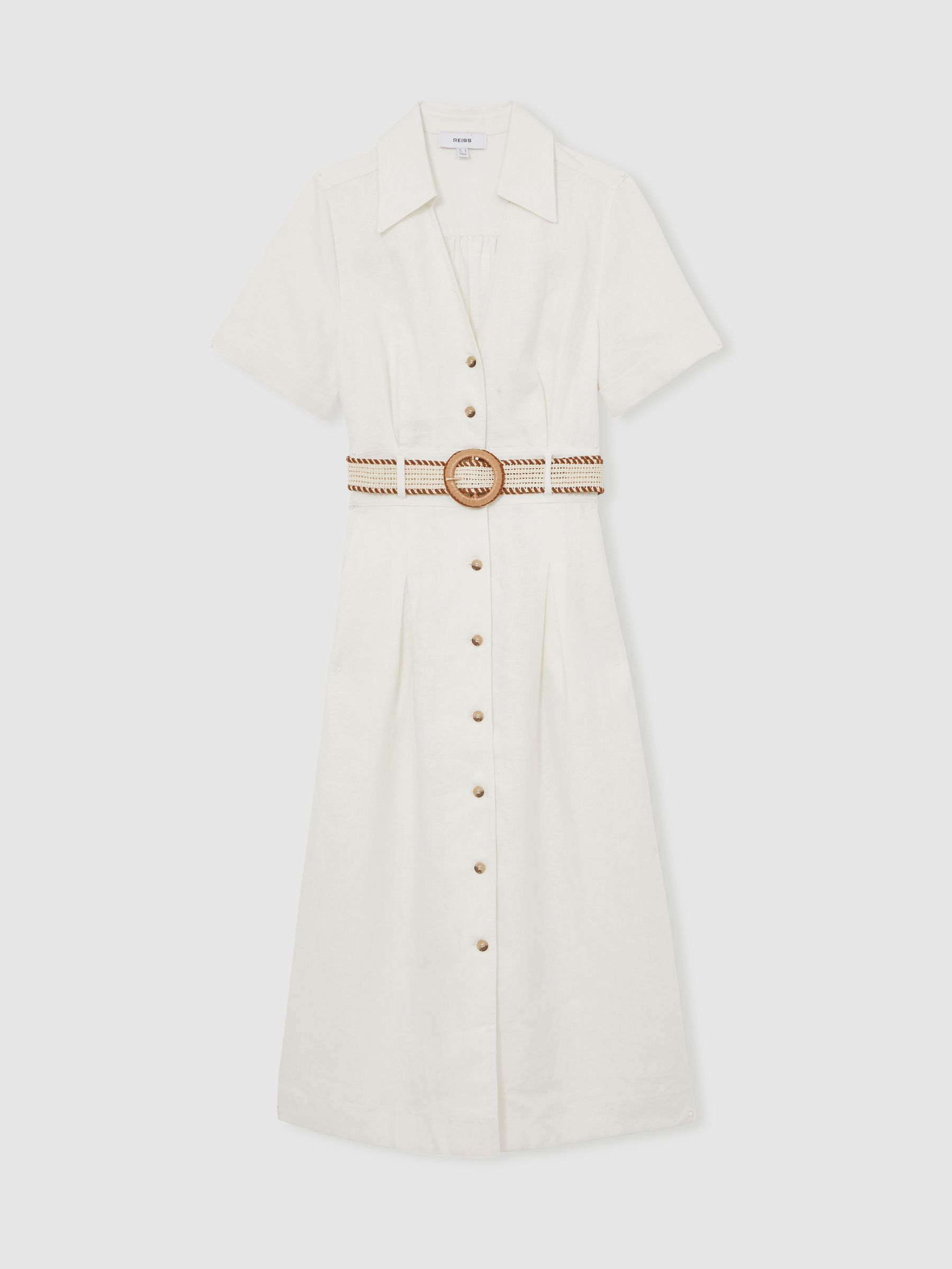Linen Belted Midi Shirt Dress in Ivory | Reiss UK