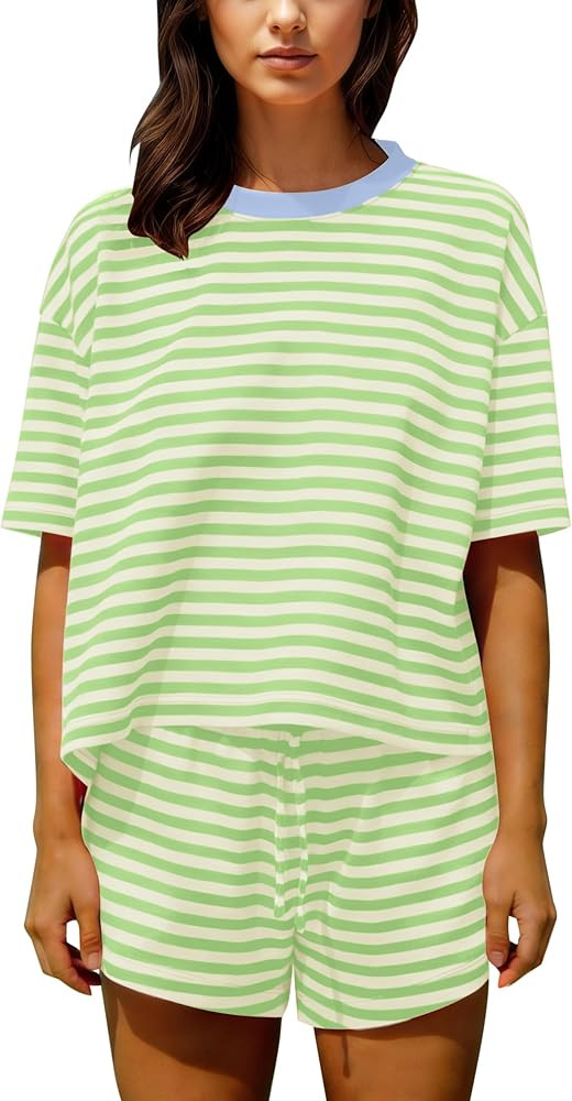 Ythomm Striped Pajamas Shorts Sets Women 2 Piece Lounge Outfits Short Sleeve Tees Drawstring Shor... | Amazon (US)