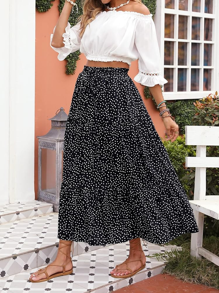 ZESICA Women's Bohemian Floral Printed Elastic Waist A Line Maxi Skirt with Pockets,Black,Small a... | Amazon (US)