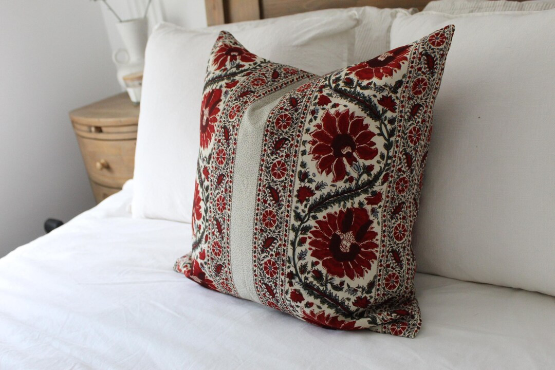Red Floral Cotton Cushion: Indian Patterned Throw Pillow With Duck Feather Insert - Etsy | Etsy (US)