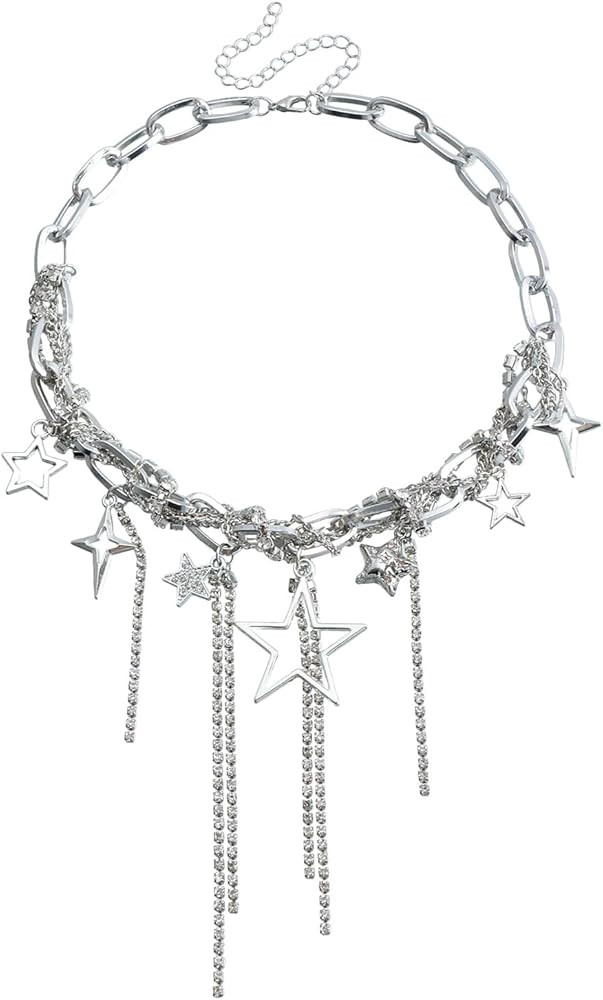 KURTCB Layered Star Choker Necklace Y2k Statement Chunky Rhinestone Bling Fringe Tassel Chain Cho... | Amazon (US)