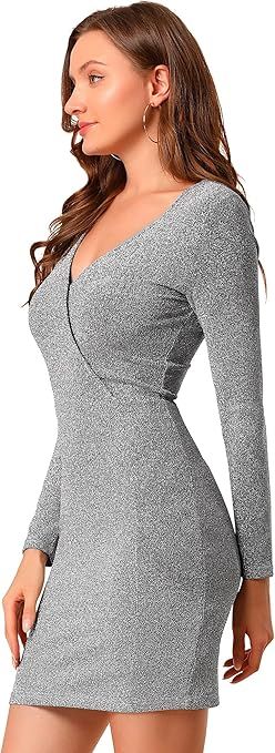 Allegra K Women's V Neck Long Sleeve Stretchy Sparkle Glitter Bodycon Dress | Amazon (US)