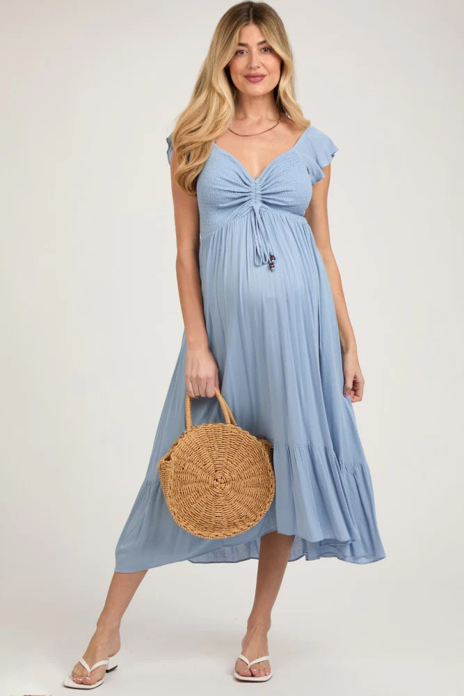Light Blue Smocked Ruched Ruffle Hem Maternity Maxi Dress | PinkBlush Maternity