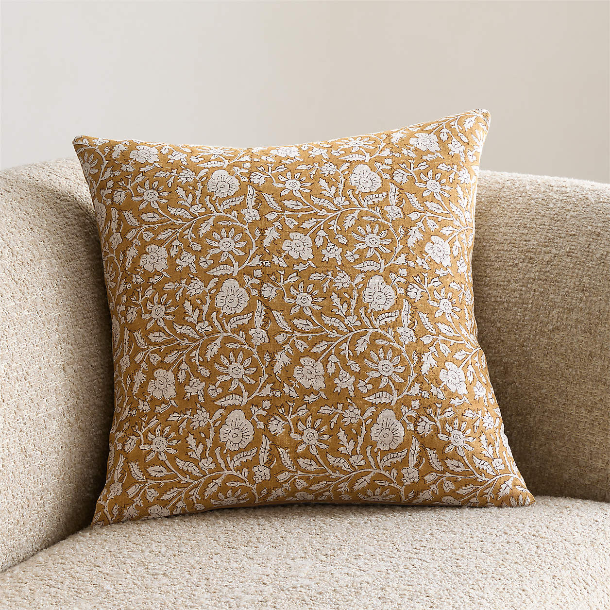 Whitney Linen 20"x20" Moroccan Ocher Floral Hand Printed Throw Pillow Cover + Reviews | Crate & B... | Crate & Barrel