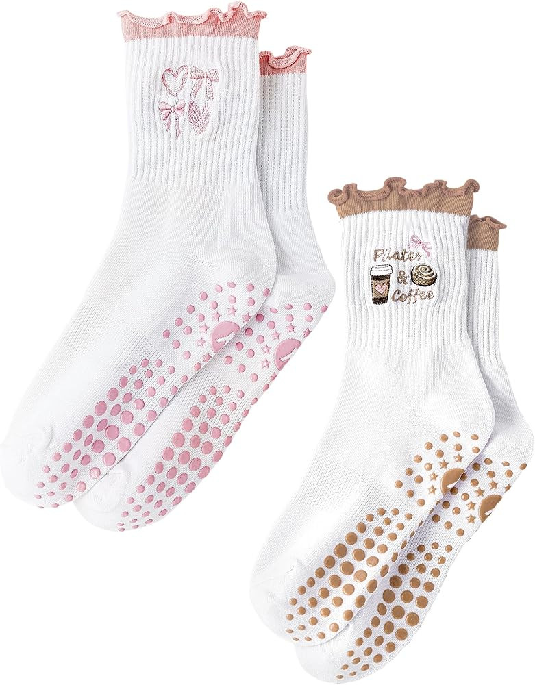 Yawlsow Cute Pilates Grip Socks for Women Ruffle Frilly Yoga Socks Non Slip Cotton Crew Grippy So... | Amazon (US)