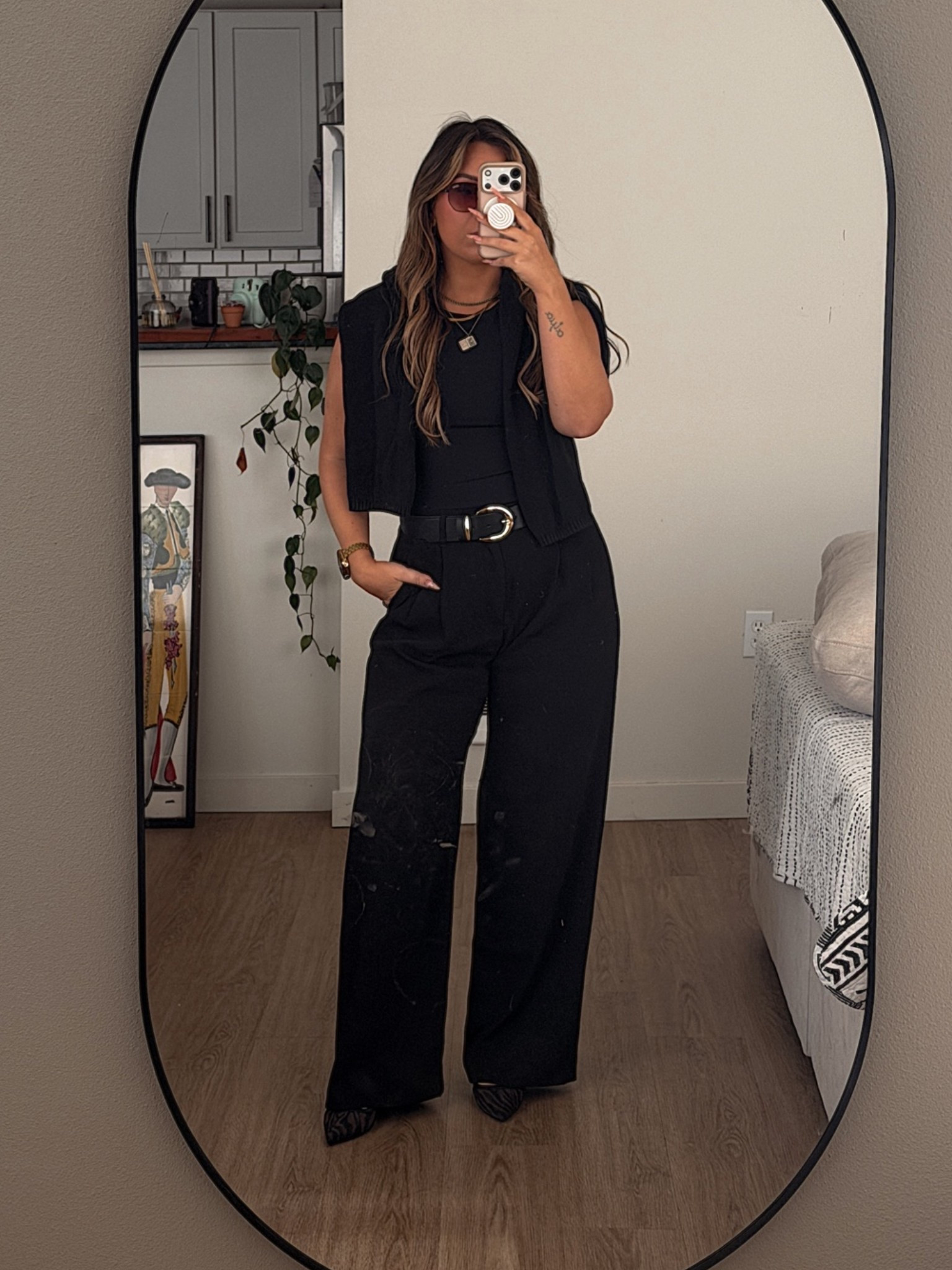top - aritzia
pants - gap
belt and heels - nordstrom rack 
sweater - target (old)
sunnies - quay

#LTKootd #LTKWorkwear #LTKSeasonal