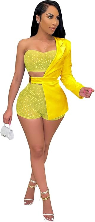 Womens Sexy 3 Pieces Rhinestone Crop Tops Bodycon Shorts Blazer Jackets Party Clubwear Tracksuit ... | Amazon (US)