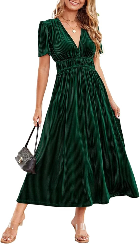Sissyaki Women's Retro V-Neck Velvet Maxi Dress Wedding Guest Formal Party Long Dresses | Amazon (US)