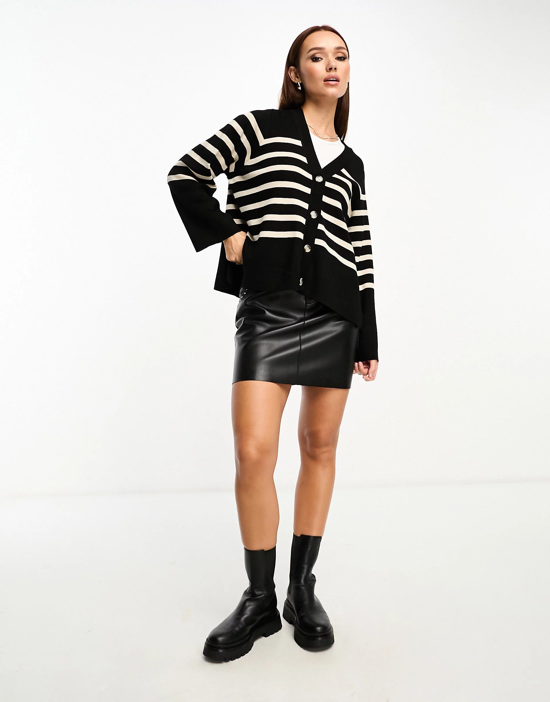 Object button through knitted cardigan in black with beige stripe  | ASOS | ASOS (Global)