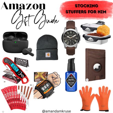 Stocking stuffers for him. 

Gifts for him, gift guide, holiday gift guide, wireless earbuds, Carhartt beanie, fossil watch, in-car sauce holder, meat thermometer, magnetic wristband, beard oil, wallet AirTag, CHOMPS sticks, jerky sticks, silicone smoker gloves, BBQ gloves 

#LTKGiftGuide #LTKCyberWeek #LTKfindsunder100