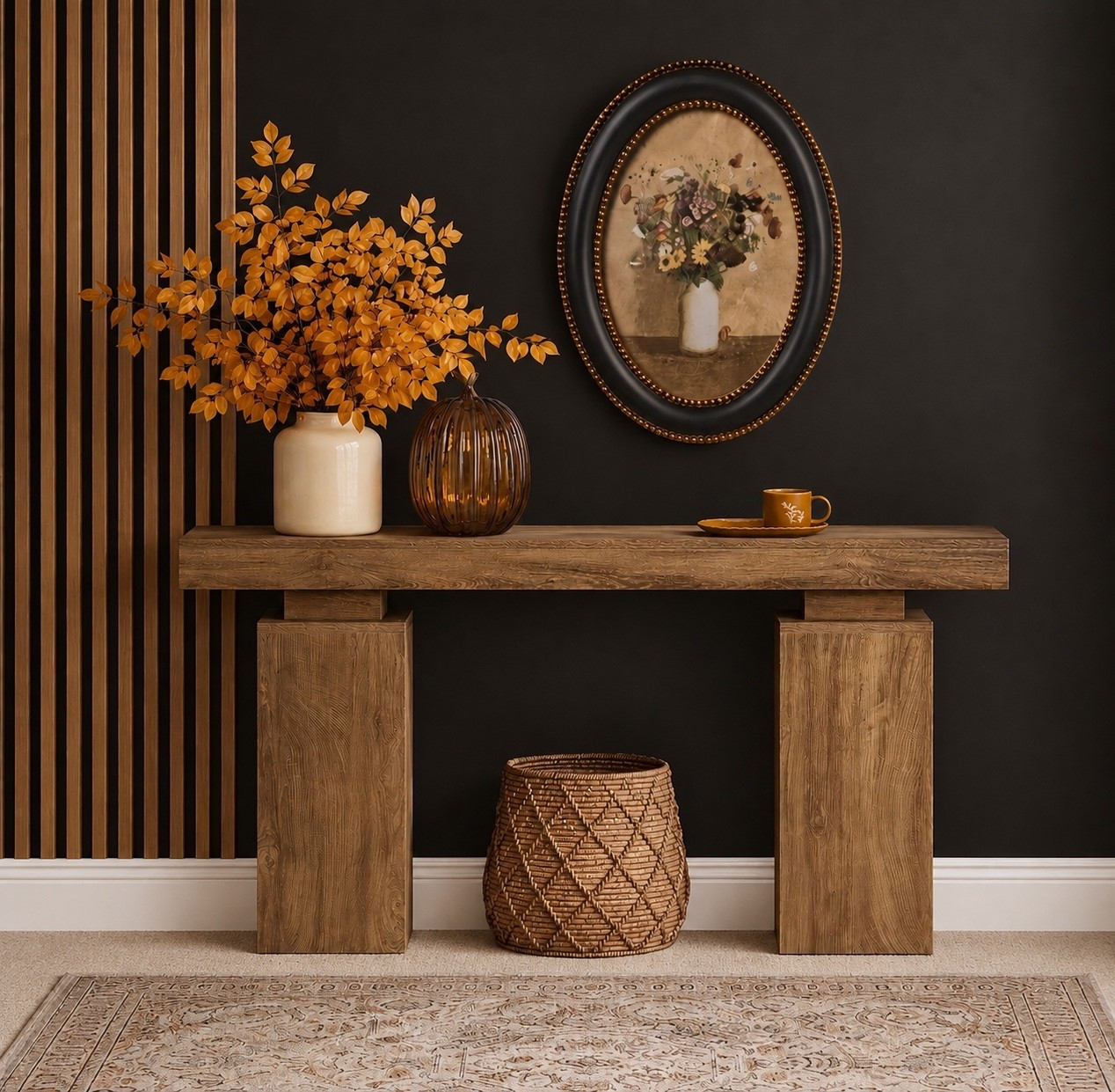 Fall entry table decor.

Console table, floral arrangement, wall art, brown glass pumpkin, modern farmhouse,

#LTKHome
